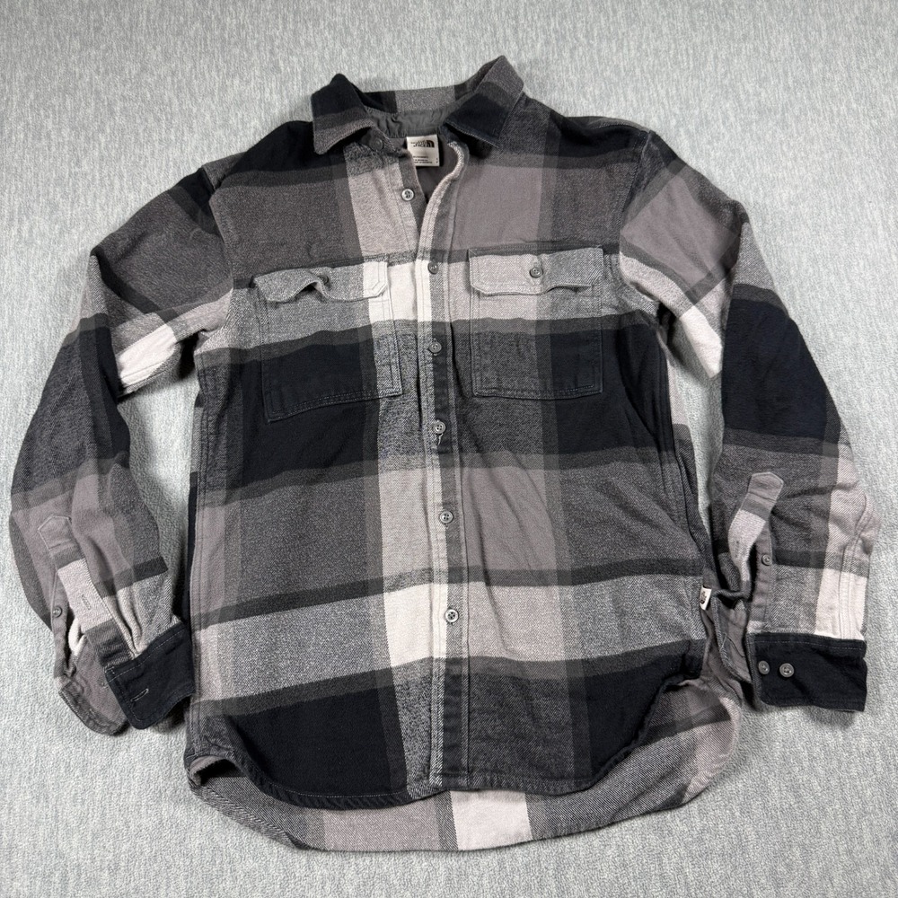 The North Face Shirt Mens Small Gray Black Plaid Flannel Long Sleeve Button Down